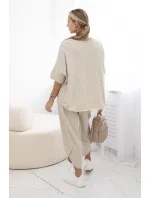 Súprava bavlnená blúzka + nohavice béžová