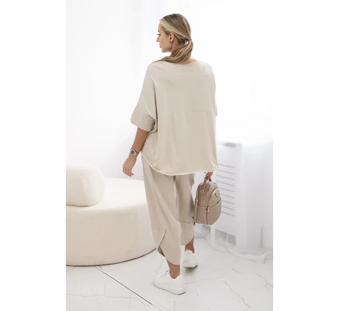 Súprava bavlnená blúzka + nohavice béžová