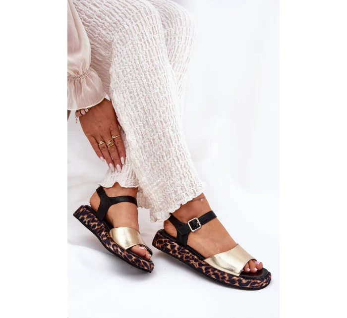 Sandały Skórzane Damskie Na Platformie Z Panterką S.Barski JC51-347 Złote