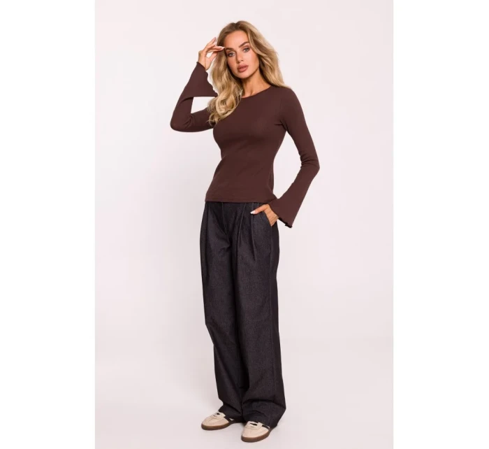 model 20476100 Žebrovaný top s dlouhými rukávy hnědý - Moe