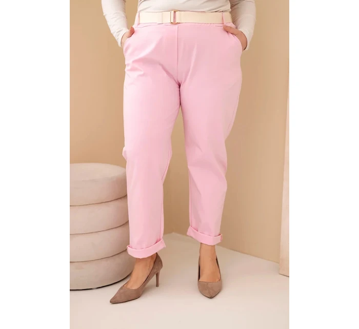 Dámske Plus veľkosť bavlnené nohavice s opaskom svetlo ružová