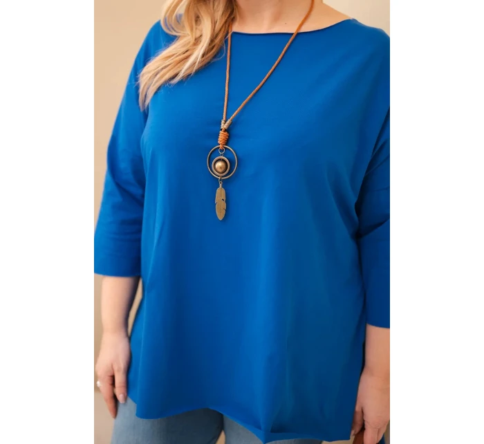 Dámská bavlněná blůza Plus Size asymetrická s náhrdelníkem chabrová