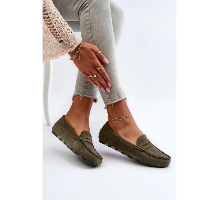 Klasyczne Mokasyny Damskie Zamszowe Ciemnozielone Glimris