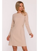 S419 Šaty s ozdobnými gombíkmi v páse - béžové