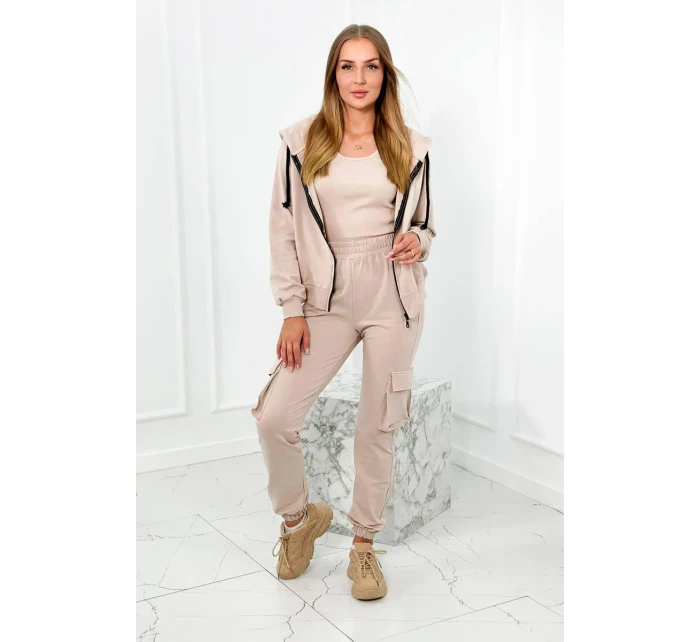 Set 3 v 1 mikina + top + kalhoty světle béžová