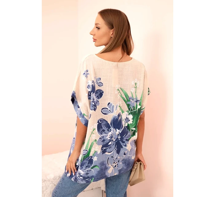 Dámská bavlněná blůza s květinovým potiskem a krátkým rukávem béžová