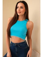 Dámsky krátky bavlnený top s rebrovaním a strapcami Tyrkysová