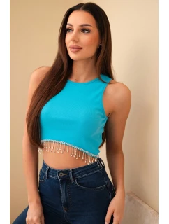 Dámsky krátky bavlnený top s rebrovaním a strapcami Tyrkysová