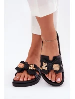 Klapki Damskie Z Kokardą I Złotą Broszką Czarne Lynara Klapki Damskie Z Kokardą I Złotą Broszką Czarne Lynara
