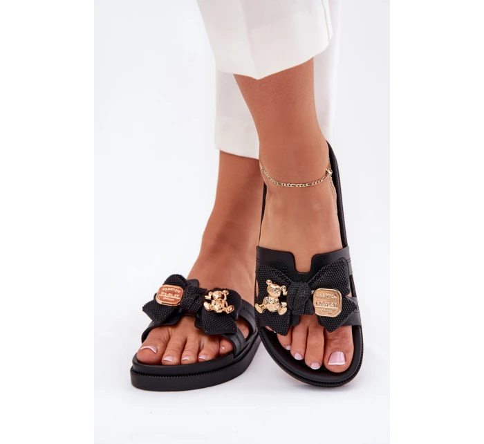 Klapki Damskie Z Kokardą I Złotą Broszką Czarne Lynara Klapki Damskie Z Kokardą I Złotą Broszką Czarne Lynara