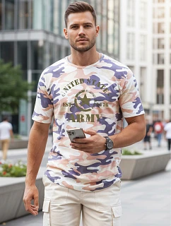 Pánske tričko s potlačou v kamuflážovom vzore, béžové, FashionStreet NX2002R
