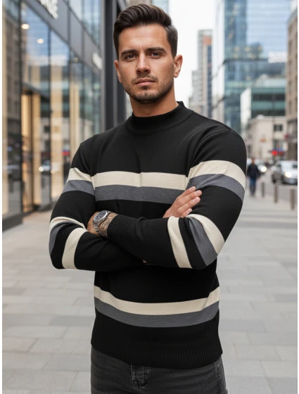 Pánsky pruhovaný sveter s polovičným rolákom čierny FashionStreet WX2127