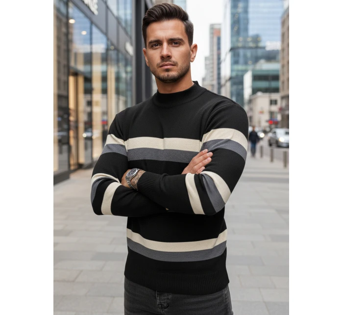 Pánsky pruhovaný sveter s polovičným rolákom čierny FashionStreet WX2127