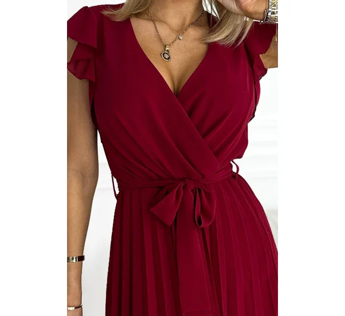 POLINA - Dámske plisované šaty vo vínovej bordovej farbe s výstrihom a volánikmi 374-2