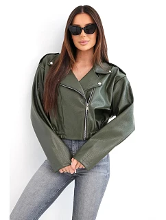 Dámska bunda z ekokože na zips v khaki farbe