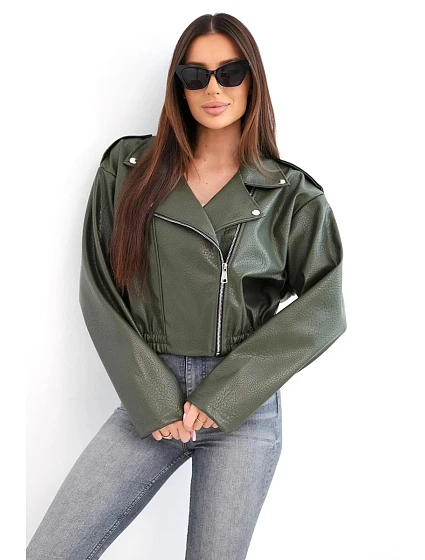 Dámska bunda z ekokože na zips v khaki farbe