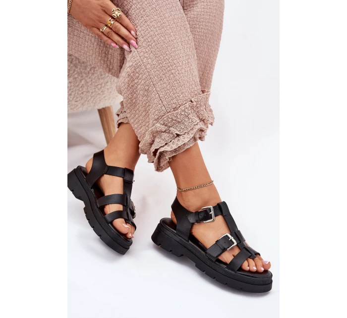 Sandały Damskie Eko Skórzane Z Klamrami Czarne Jeneliena Sandały Damskie Eko Skórzane Z Klamrami Czarne Jeneliena