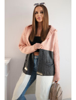 Pruhovaný sveter s kapucňou púdrovo ružová+grafitová+ecru