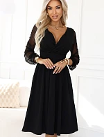 657-1 Elegantné midi šaty s obálkovým výstrihom a tylovými rukávmi - čierne
