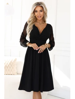 657-1 Elegantné midi šaty s obálkovým výstrihom a tylovými rukávmi - čierne