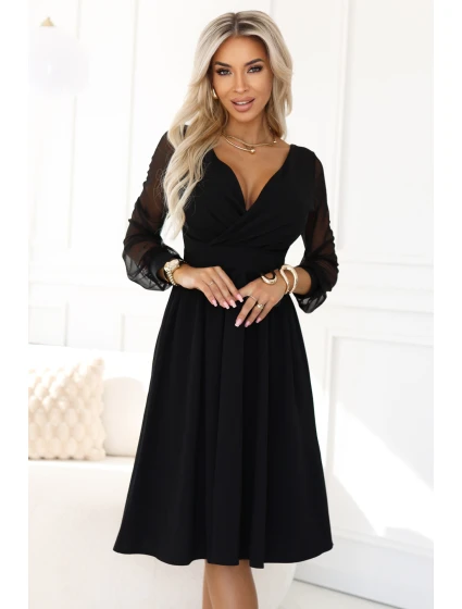 Elegantní midi šaty s obálkovým výstřihem a rukávy černé model 21794482 - numoco