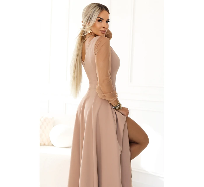 640-4 LORETTA jedinečné dlhé šaty s tylovými rukávmi a výstrihom - béžové 640-4 LORETTA jedinečné dlhé šaty s tylovými rukávmi a výstrihom - béžové
