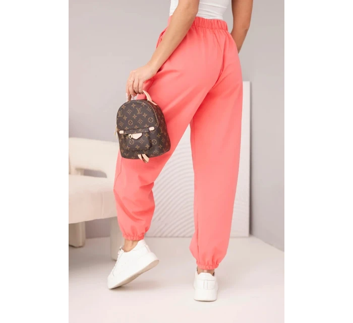 Dámské bavlněné kalhoty s vysokým pasem a ozdobným knoflíkem růžové