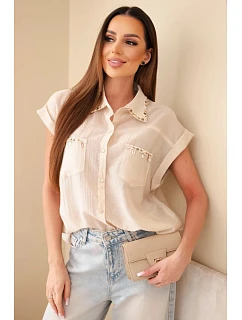 Dámská košile z model 22048779 s ozdobným límečkem a kapsami tmavě béžová - K-Fashion