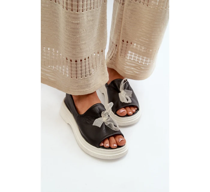 Zazoo 2939 Skórzane Sandały Damskie Z Kokardką Czarne