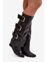 Dámské kozačky na platformě s ohnutým horním lemem a stříbrnými přezkami Černé Sarisse