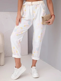 Dámske viskózové nohavice s kvetmi a opaskom biele