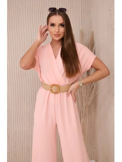 Kombinéza s ozdobným opaskom v páse lososová