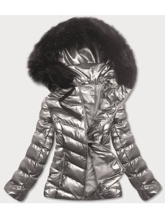 Strieborná lesklá dámska zimná bunda s kapucňou (5M773-401)