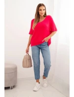 Dámsky sveter z mäkkého kožušinového materiálu s krátkymi rukávmi do V ružovej farby