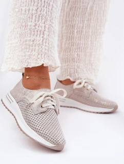 Skórzane Lekkie Półbuty Damskie Na Platformie Artiker 56C2113 Beżowo-Złote