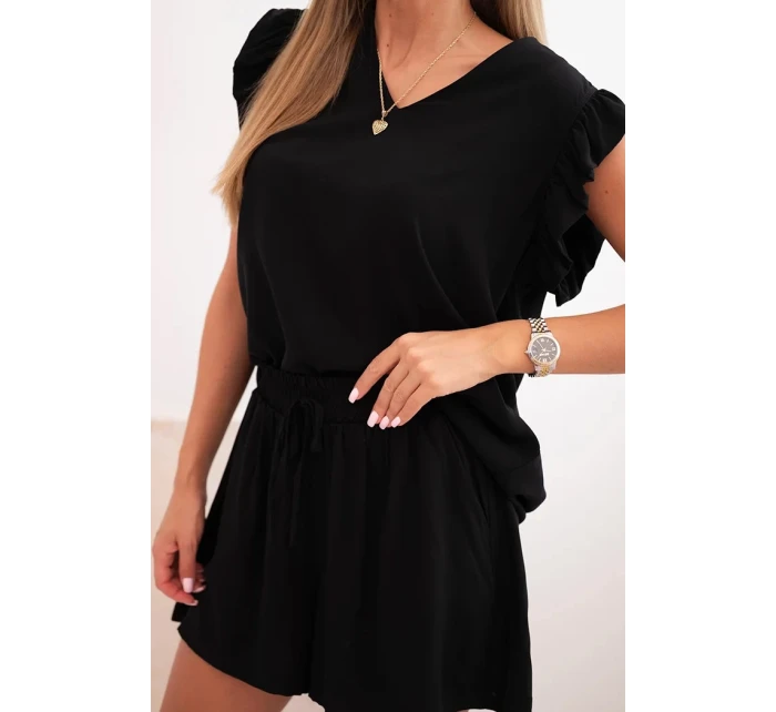 Dámský komplet z model 21214031 blůza s volánky a krátké šortky černý - K-Fashion