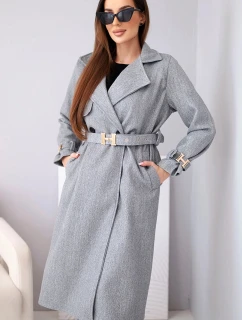 Dámský kabát s páskem a zlatými přezkami šedý melanž