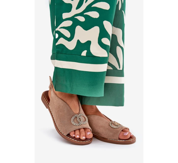 Sandały Damskie Z Ozdobą Na Płaskim Obcasie Eko Zamszowe Ciemnobeżowe Ralisses