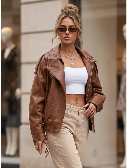 Dámská kožená bunda se stojáčkem, světle hnědá, FashionStreet TY6065 Dámská kožená bunda se stojáčkem, světle hnědá, FashionStreet TY6065