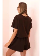 Dámska bavlnená súprava so širokými šortkami hnedá Dámska bavlnená súprava so širokými šortkami hnedá