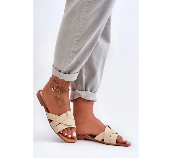 Damskie Materiałowe Klapki Beżowe Aversa Damskie Materiałowe Klapki Beżowe Aversa