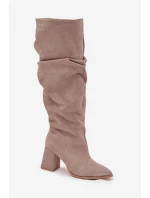 Marszczone Kozaki Z Naturalnego Zamszu Na Słupku Ocieplane Zazoo 4228 Beżowe