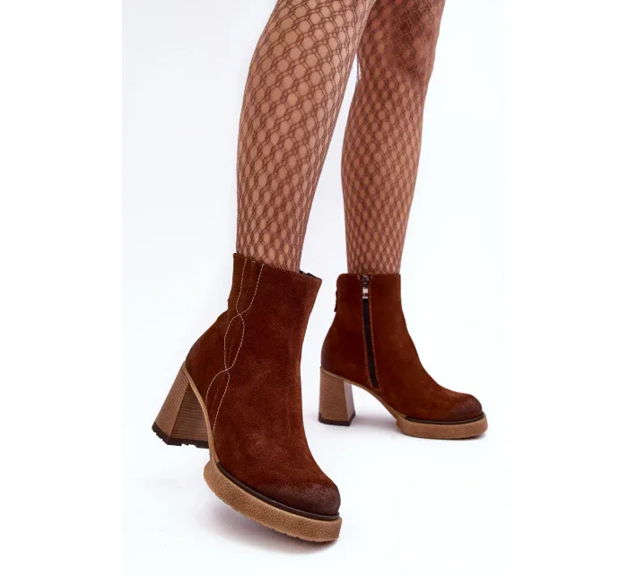 Semišové dámské kozačky na vysokém podpatku Hnědá Lemar Remilda
