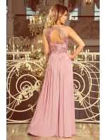 LEA - Dlhé dámske šaty vo farbe taupe bez rukávov, s vyšívaným výstrihom 215-5 LEA - Dlhé dámske šaty vo farbe taupe bez rukávov, s vyšívaným výstrihom 215-5