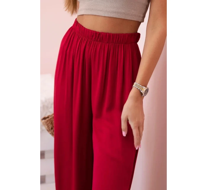 Dámske široké viskózové nohavice s elastickým pásom bordovej farby