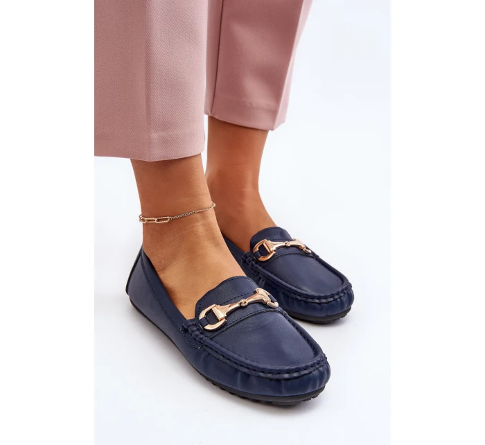 Damskie Klasyczne Mokasyny Eko Skórzane Granatowe Demese
