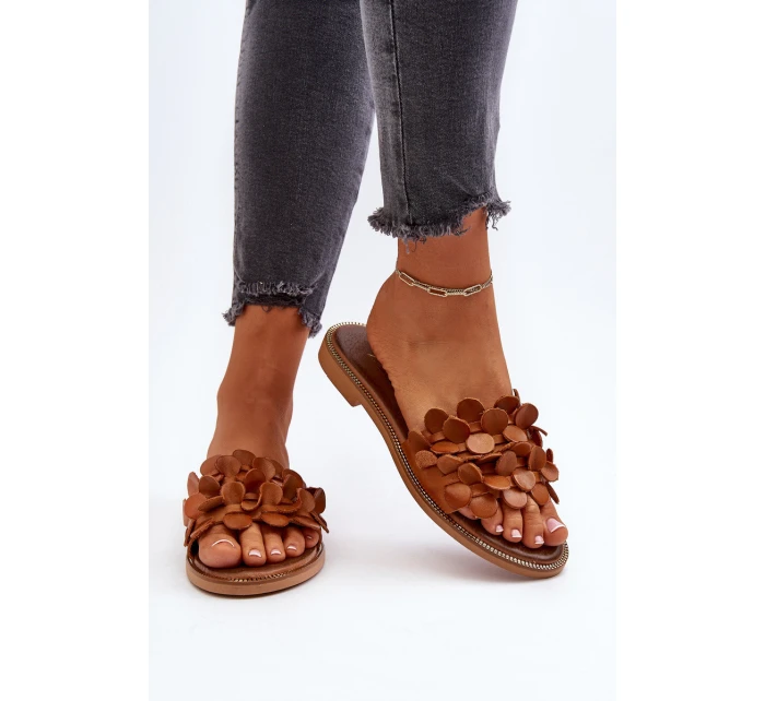 Zazoo 40381 Damskie Skórzane Klapki Na Płaskim Obcasie Brązowe