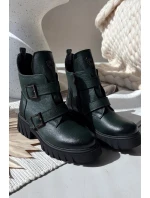 Skórzane Ocieplane Botki Damskie Z Klamrami I Ozdobnym Detalem Zazoo 60482 Ciemnozielone