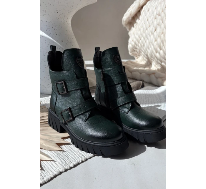 Skórzane Ocieplane Botki Damskie Z Klamrami I Ozdobnym Detalem Zazoo 60482 Ciemnozielone