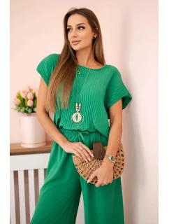Viskózový set plisovaná blúzka + nohavice zelená